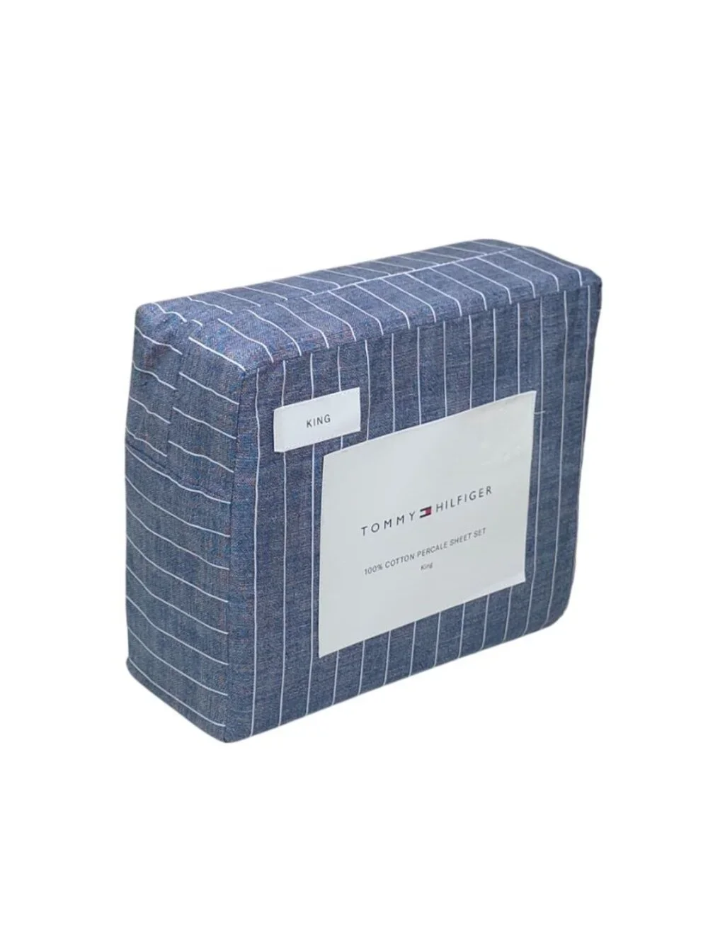 Tommy Hilfiger 100% Cotton Percale King Sheet Set Blue Stripe 4-Piece Denim Blue